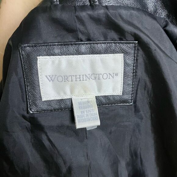 Worthington Belted Leather Jacket Zip Up Short Trench Black Y2K Vintage Medium - Picture 4 of 8